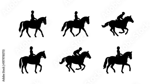 Equestrian horse rider silhouettes, 6 dressage and show jumping icons, vector set