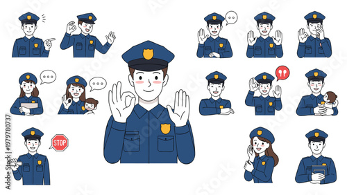 Large set of male and female police officer characters in various poses and expressions for public safety and law enforcement themes.