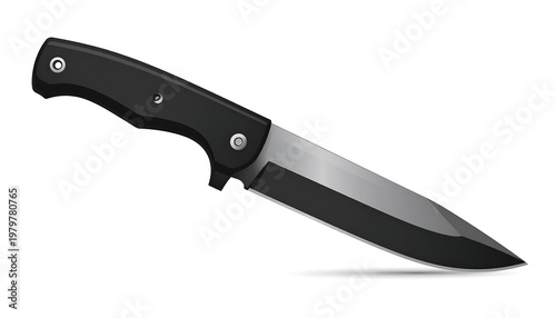 Folding knife with a black handle and shiny, metallic blade at an angle on a white background