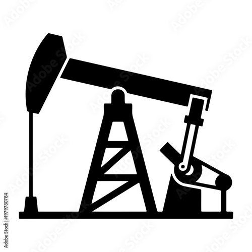 Industrial oil pump jack vector icon, black petroleum derrick silhouette, fuel drilling