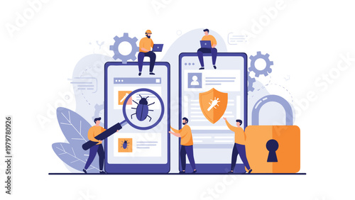 Software developers team fixing bugs and enhancing security on giant smartphones with a magnifying glass and a shield icon.
