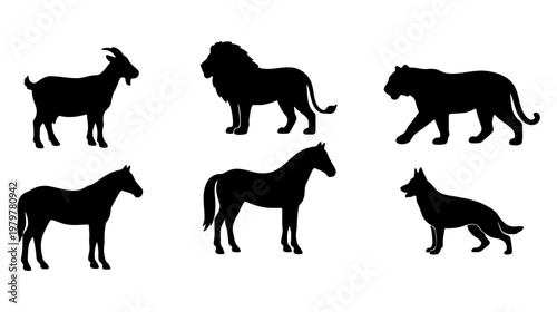 Animal silhouette vector set, 6 wildlife and domestic animal icons, black fauna shapes