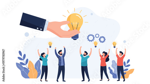 Concept of leadership and sharing ideas with a giant hand giving a glowing lightbulb to a group of inspired and happy people.