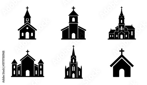 Church building icon set, black religious cathedral silhouettes, 6 vector chapel symbols