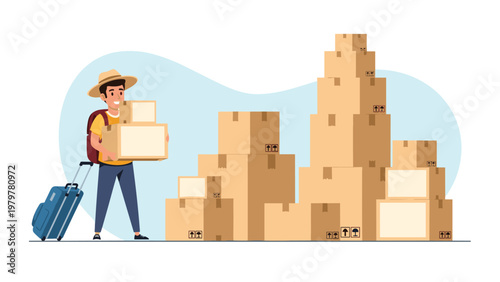 Young traveler or worker with a suitcase and backpack standing next to a huge pile of cardboard delivery boxes for moving home.