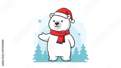 Friendly polar bear character wearing a warm red scarf and a Santa Claus hat standing in a snowy winter forest with pine trees.