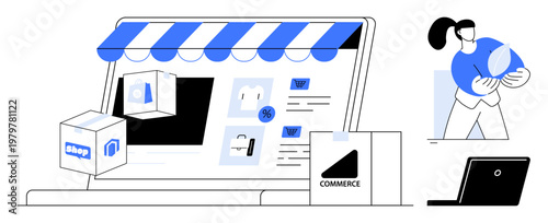 Online shopping, e-commerce platforms, digital marketplace, delivery services, retail innovation, business growth. Features a laptop with a store interface, packages, and a user holding a parcel