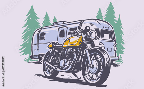 Wild roamers club. Vintage road trip graphic design for t-shirt print, poster, sticker. Retro motorcycle and camping trailer adventure.