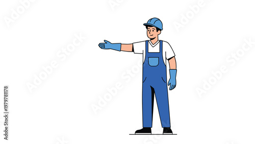 Male worker in blue overalls and a matching hard hat wearing protective gloves and gesturing with his hand for direction.