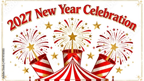 2027 New Year celebration banner with fireworks exploding over a circus tent and festive stars