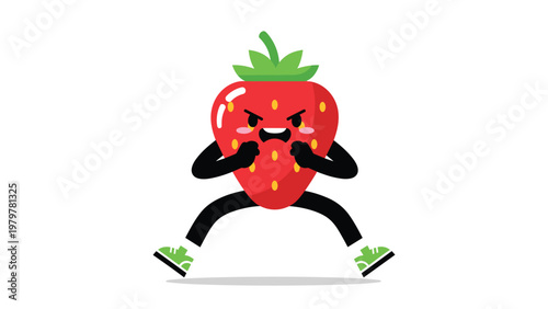 Angry strawberry fruit character mascot with black arms and legs standing in a defensive fighting stance on white background.