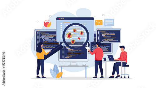 Software developers working on computers and using a large magnifying glass to find bugs and errors in complex code lines.