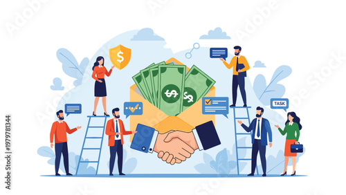 Business deal and investment concept featuring an envelope filled with money and people around a large professional handshake.