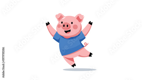 Cute pink pig character wearing a blue shirt jumping with joy and celebrating success on a clean and plain white background.