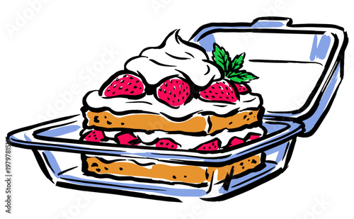 Sweet strawberry shortcake to go. Delicious dessert club artwork for t-shirt print, poster, sticker, vector illustration.