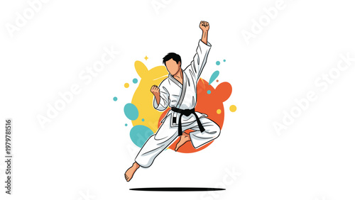 Martial arts karate athlete in a white gi and black belt performing a powerful jumping punch against a colorful background.