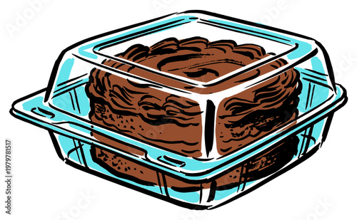 Sweet treat club artwork. Chocolate cake in plastic container for t-shirt print, sticker, poster, and bakery shop design.