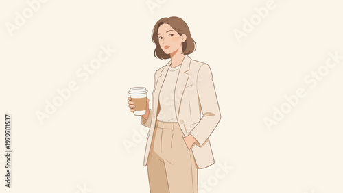Woman in suit holding coffee cup
