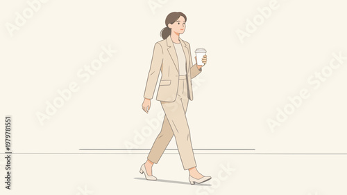 Woman in suit walking with coffee