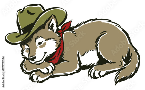 Little cowboy wolf artwork. Western wilderness adventure graphic. Cute pup sketch for t-shirt print, poster, sticker and sticker design.