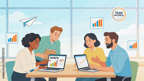 Four people in office discussing growth data