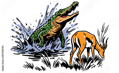 Wild nature survival. Predator and prey graphic artwork. Crocodile ambush scene for t-shirt print, poster, sticker, and outdoor lifestyle branding.
