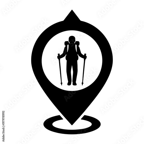 Hiking location pin icon, mountain trekker map pointer, outdoor adventure travel vector