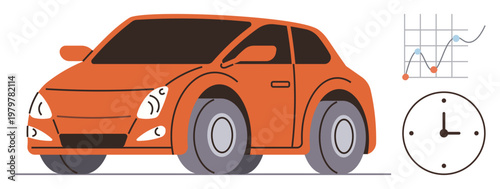 Automotive analytics, time management, energy efficiency, transport optimization, performance tracking, data visualization. Orange car, clock and graph trends. Automotive analytics and time
