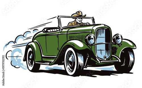 Vintage roadster adventure. Classic car print design for poster, sticker, apparel, and creative projects. High speed outlaw style.
