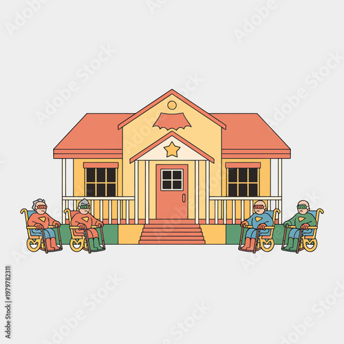 Accessible School Building with Seniors in Wheelchairs on Porch