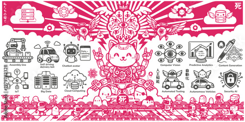 Artificial Intelligence and Future Technology Concept Illustration with Robot Cat and Automation Icons