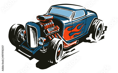 Classic hot rod muscle car graphic. Vintage road speed illustration for t-shirt print, poster, sticker, background and racing club apparel.