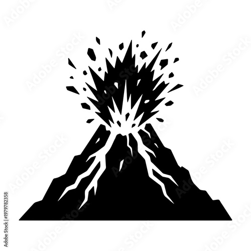 Volcano eruption icon, black mountain silhouette, volcanic explosion vector graphic