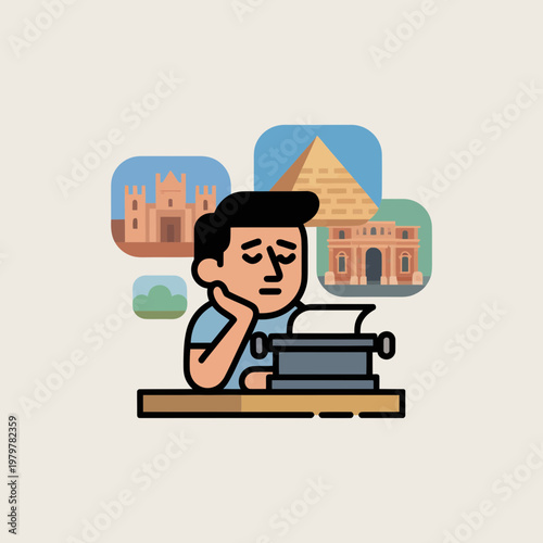 Frustrated Man Writing on Vintage Typewriter with Travel Destinations