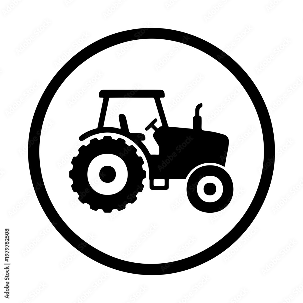 Obraz premium Minimalist tractor icon vector, black farm machinery silhouette, agricultural logo sign
