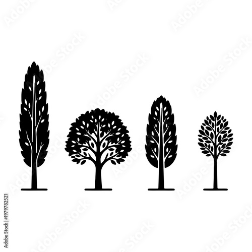 Minimalist tree silhouette set, black forest plant icons, 4 nature vector elements