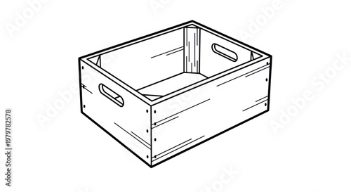 Empty Wooden Crate with Handles, Hand-Drawn Outline Illustration