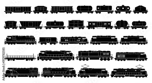 Collection of Diverse Train Silhouettes: Locomotives, Freight Cars, Tankers
