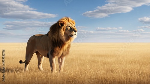 Majestic lion standing proudly in golden grassland under blue sky with scattered clouds in a vast savannah landscape for wildlife nature conservation themes and outdoor adventure visuals