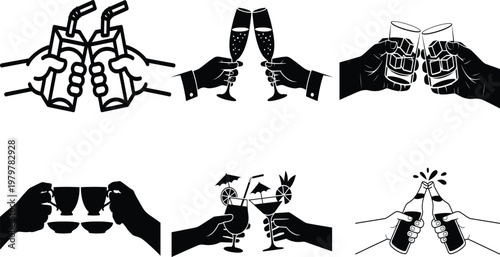Black and white of hands holding and clinking various drinking glasses and bottles drinks