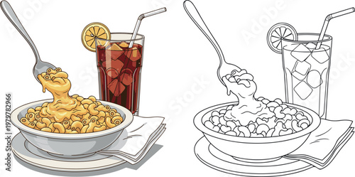 mac and cheese with drinks vector illustration hand drawn clipart and lineart