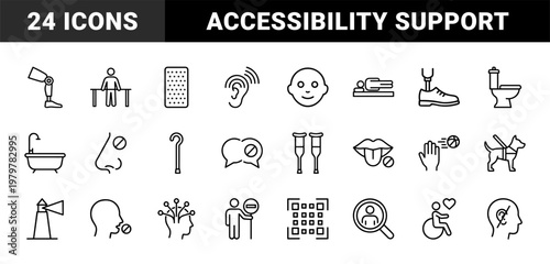 Accessibility and disability support monochrome line icon set