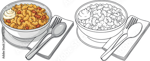 mac and cheese with drinks vector illustration hand drawn clipart and lineart