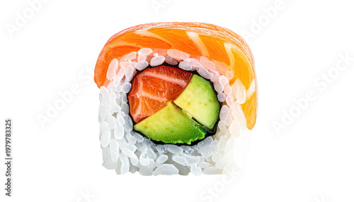 Close-up studio shot of a vibrant sushi roll, featuring salmon, avocado, and rice, isolated against a solid black background