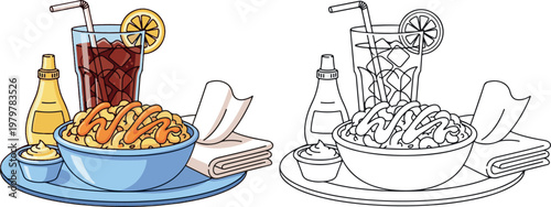 mac and cheese with drinks vector illustration hand drawn clipart and lineart