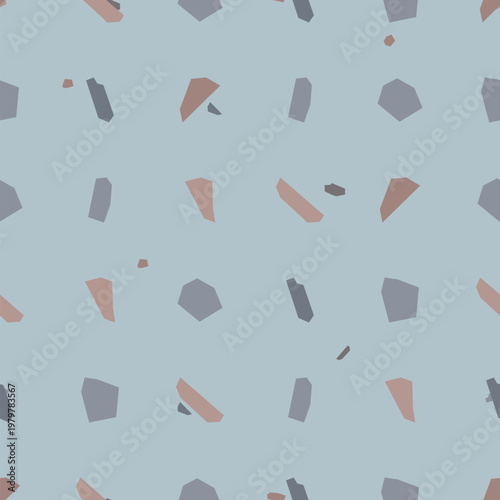 Seamless terrazzo pattern background featuring irregularly shaped chips of muted blue grey and terracotta colors, creating an abstract texture suitable for modern design