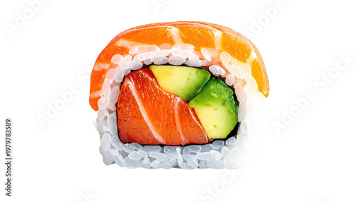 Close-up of a single sushi roll, featuring salmon, avocado, and rice. The ingredients are stacked and arranged beautifully