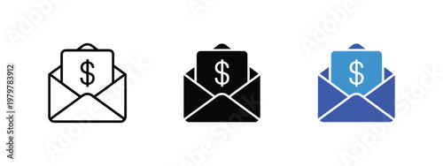 money envelope icon set, salary cash transfer and income symbol, financial banking payroll bonus payout concept, transactions revenue and money receiving illustration, clean modern vector design.