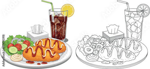chicken fry with french fry and drinks vector illustration hand drawn clipart and lineart