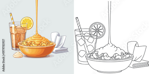 mac and cheese with drinks vector illustration hand drawn clipart and lineart